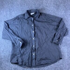 LMND Shirt Womens Small Charcoal Gray Pleated Cotton Spread Collared Button Up
